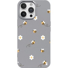 Casen iPhone 13 Pro Gri Lansman Renkli Silikon Bees And Flowers Tasarımlı Kılıf
