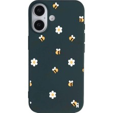Casen iPhone 16 Plus Haki Lansman Renkli Silikon Bees And Flowers Tasarımlı Kılıf