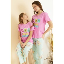 Siyah İnci Pembe Desenli Pamuklu Bisiklet Yaka Örme Pijama TAKIM25107156