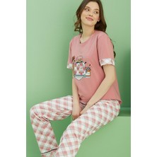 Siyah İnci Somon Desenli Bisiklet Yaka Örme Pamuklu Pijama TAKIM25113216