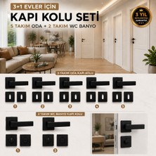 BSM Akbaş Grup 3+1 Evler Için 7'li Kapı Kolu Seti | 5 Takım Oda + 2 Takım Wc Banyo | Mat Siyah Kare Rozetli