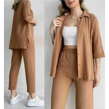 Exit Collection Kadın Bürümcük Önü Düğmeli Cep Detaylı Capri Ikili Kimono Takım