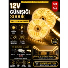 Econa 10 Metre Günışığı Şerit LED 3000K 12V Kendinden Yapışkanlı (5+5 mt 2 Rulo) - Tv Arkası, Mutfak Tezgahı, Işık Havuzu Uyumlu (Trafo Hariçtir - Pille Çalışmaz)