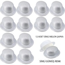 Mossem Gümüş Renk Simli Melon Yuvarlak Parti Şapkası 12 Adet