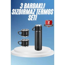Mossem Termos Paslanmaz Çelik Termos Siyah Renk 3 Bardaklı Termos Seti