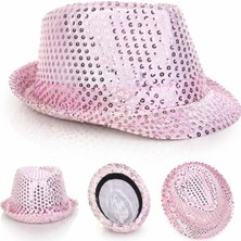 Mossem Pembe Payetli Disco Parti Şapkası Yetişkin Işıltılı Fötr Model