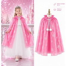 Mossem Kar Tanesi Desenli Pembe Elsa Pelerini - Astarlı Frozen Pelerini 85 cm