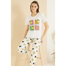 Siyah İnci Ekru Desenli Pamuklu Bisiklet Yaka Örme Pijama TAKIM25103234