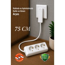 ARYES 3'lü Ince Fişli Uzatma Kablosu 75 cm Topraklı Beyaz
