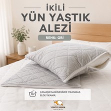 Yüncü Hanım Gri Renkli Kuzu Yünü Dolgulu Kapitoneli Yastık Alezi , Doğal Pamuk Kumaş 50X70 cm (2 Adet)