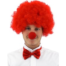 Mossem Kırmızı Renk Kıvırcık Afro Bonus Peruk Takma Saç ve Kırmızı Burun Seti