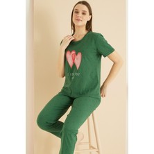 Siyah İnci Yeşil Desenli Pamuklu Bisiklet Yaka Örme Pijama TAKIM25103223