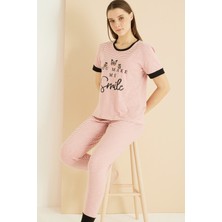 Siyah İnci Pembe Beyaz Çizgi Desenli Pamuklu Bisiklet Yaka Örme Pijama TAKIM25103192
