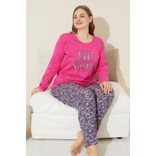 Siyah İnci Fuşya Baskılı Pamuklu Curve Büyük Beden Battal Boy Örme Pijama Takım 24240626