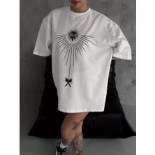 Modayakamoz Unisex Bisiklet Yaka Baskılı Oversize T-Shirt - Beyaz