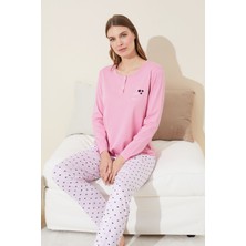 Siyah İnci Pembe Nakışlı Düğmeli Pamuklu Örme Pijama Takım 24240101