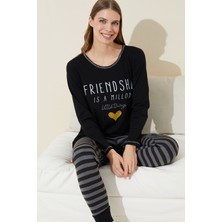 Siyah İnci Siyah Baskılı Pamuklu Örme Pijama Takım 24240131