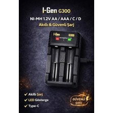 Bg Store I-Gen Batteries G300 Akıllı Ni-Mh Pil Şarj Cihazı, Type-C Girişli 2 Slot Hızlı Şarj Aleti, Aa / Aaa / C / D Şarjlı Pil Uyumlu