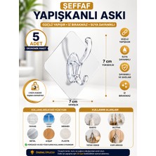 Lataris 5 Adet Şeffaf Kendinden Yapışkanlı Duvar Askısı 7x7 cm | Güçlü Yapışkanlı Banyo, Mutfak ve Kapı Arkası Askılığı | Suya Dayanıklı