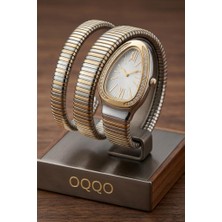 Oqqo Kora Taşlı Gri Kadran Gold-Gümüş Kordon Yılan Model Kadın Kol Saati