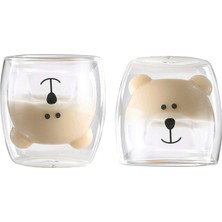 Brf Store Yavuzsell Orret Home 2 Adet Ayıcık Tasarımlı Çift Cidarlı Cam Kupa, Borosilikat Termisil Cam, Isıya