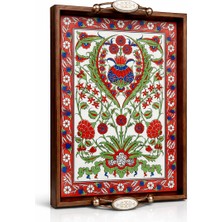 Bulutretail El Yapımı Kütahya Çini Desenli Ahşap Tepsi 42X27 cm | Yerli Üretim Dekoratif & Servis Tepsisi