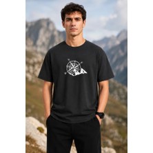 Efnaz Style Erkek Outdoor Pusula Dağ Baskılı Kısa Kollu Oversize T-Shirt - Siyah