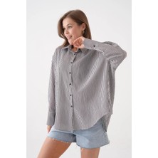 Minaaise Kadın Acı Kahve Modal Kumaş Oversize Çizgili Gömlek 29182