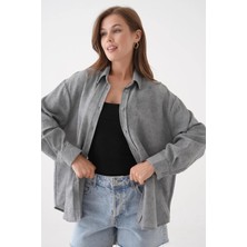 Minaaise Kadın Gri Batik Desenli Tunik Oversize Gömlek 29180