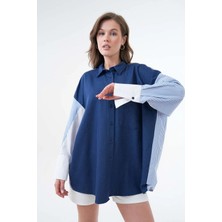 Minaaise Kadın Indigo Kot ve Çizgili Kumaş Garnili Oversize Tasarım Gömlek 29068