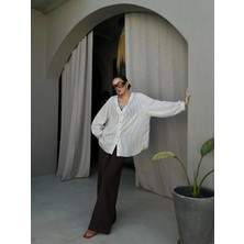 Minaaise Kadın Bej Modal Kumaş Oversize Kesim Çizgili Gömlek 29208