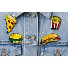Herşey Nota Fast Food Temalı 4'lü Metal Emaye Rozet Seti–pizza,hamburger,patates ve Sosisli Rozet