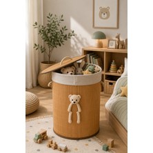 Naturel Dekor Bambu Peluş Ayıcık Detaylı Silindir Kirli Çamaşır Sepeti, Oyuncak Sepeti 35X60 Cm, Katlanabilir Bebek, Çocuk, Bohem, Modern