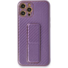 Bezos iPhone 12 Pro Kılıf Coco Karbon Standlı Kapak - Mor