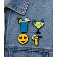 Herşey Nota Yaz Temalı Kokteyl & Emoji 4'lü Metal Rozet Seti – Renkli Emaye Rozet