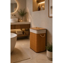 Naturel Dekor Bambu Krem Detay Kirli Çamaşır Sepeti 40X30X50 Cm, Katlanabilir, Kıyafet Sepeti, Bohem, Modern