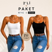 Hazel Kadın Beyaz-Siyah Askılı Crop Penye Bluz & Atlet 2'li Set
