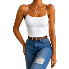 Hazel Kadın Beyaz Askılı Crop Penye Bluz & Atlet