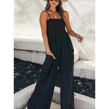 Lune Store Kadın Ip Askılı Göğsü Lastik Detaylı Cepli Uzun Sofya Tulum