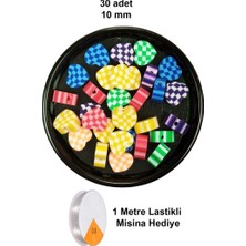Royaleks Group 30 Adet 10 mm Polimer Kil Fimo Boncuk Takı Bileklik + 1 Metre Lastikli Misina Hediye - Desenli Kalp