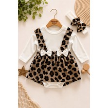 Dinamik çocuk Kız Bebek Leopar Desenli Bandanalı Alttan Çıtçıtlı Badili Askılı Elbise 3lü Takımı 0-3-6-9-12 Ay