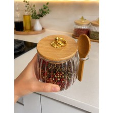 Morponi Kaşıklı Çizgili Cam Baharat Kavanozu 800 ml - Gold Halka Kulplu Bambu Kapaklı Saklama Kabı Dh 57-59