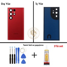 Arsking Samsung S22 Ultra Kırmızı Arka Pil Kapağı Batarya Kapağı Lazer Kesim + Yapıştırıcı ve Vida Seti