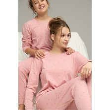 Siyah İnci Pudra Kalp Desenli Pamuklu Bisiklet Yaka Örme Pijama TAKIM25241123