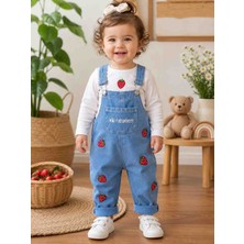 Uçurtma Baby Kids Baby Buu Çilek Nakışlı Denim Kotlu Mevsimlik 2'li Kız Bebek Salopet Tulum Takımı