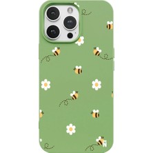 Casen iPhone 14 Pro Yeşil Lansman Renkli Silikon Bees And Flowers Tasarımlı Kılıf
