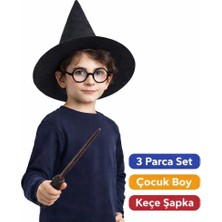 Renas Store Harry Potter Tarzı Çocuk Seti (Siyah Keçe Şapka, Asa, Gözlük)
