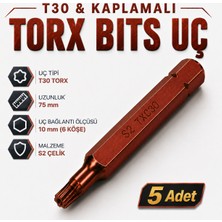 Rico (5 Adet) T30 Torx Mıknatıslı Uzun Bits Uç 75 mm 10 mm Altıgen S2 Çelik Kaplamalı Matkap Vidalama Ucu