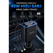 Exenar Hızlı Araç Şarj Istasyon 4 In 1 LED Işıklı Çakmaklık Hızlı Araba Şarjı Kendinden Kablolu 30+15 45W