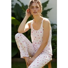Siyah İnci Pembe Çiçekli Pamuklu Pointel Ajurlu/delikli Askılı Örme Pijama Takım 26120640